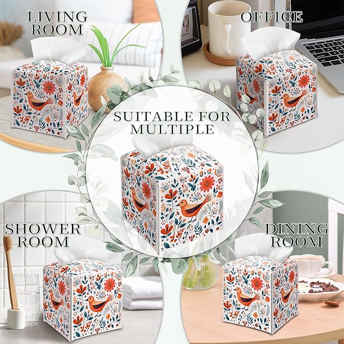 Floral Bird Tissue Box Holder, Scandinavian Leather Tissue Box Cover Square, Paper Napkins Everyday Dispenser for Bathroom Vanity Countertop Night Stands Kitchen Office Car Home Decor