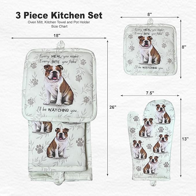 Bulldog 3-Piece Kitchen Set - Oven Mitt, Pot Holder & Kitchen Towel Set, Heat Resistant up to 420 F, Soft Quilted Cotton for Cooking, Baking, BBQ, Pet Lover Gifts (Bulldog)