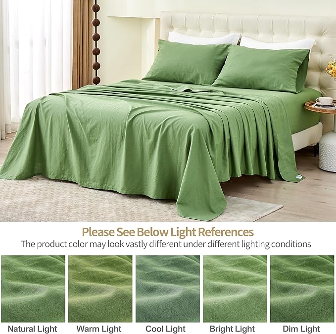 Simple&Opulence Belgian Linen Sheet Set Solid Color - 4 Pieces (1 Flat Sheet & 1 Fitted Sheet & 2 Pillowcases) Natural Flax Cotton Blend Soft Bedding Breathable Farmhouse - Khaki Green, King Size