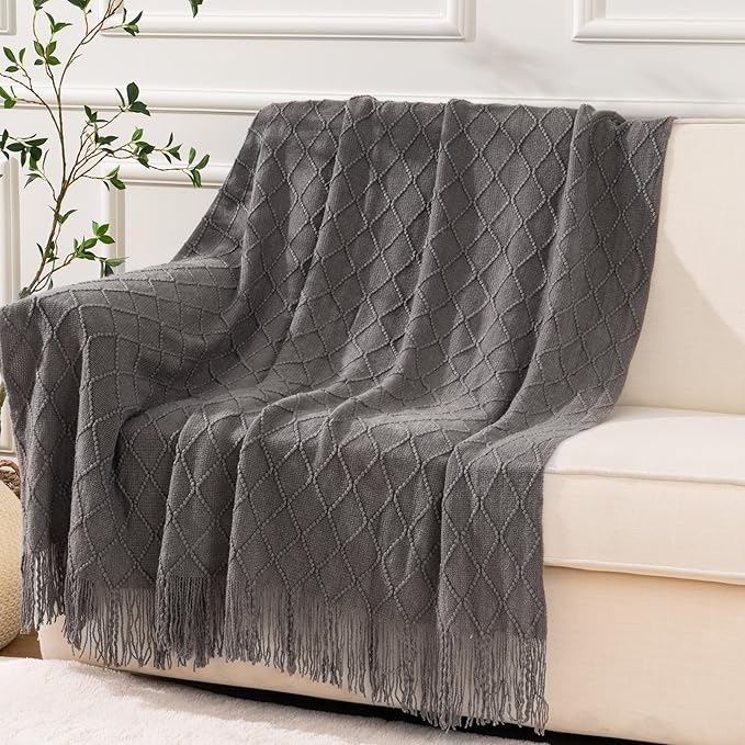 BATTILO HOME Dark Grey Throw Blanket for Couch, Solid Boho Throw Blanket for Home Decor, Bed Throws for Foot of Bed, 50"x60"