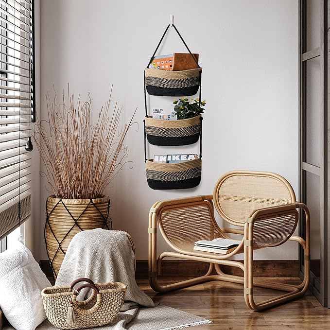 Over The Door Organizer Hanging Basket for Nursery Decor Stuffed Animal Storage Baskets Boho Wall Decor Basket for Bathroom Bedroom Playroom - Black&Beige