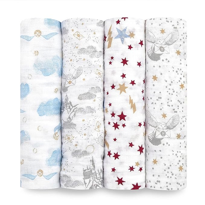 aden + anais Boutique Muslin Swaddle Blanket for Baby Girls and Boys, Newborn Receiving Blanket for Swaddling, 100% Muslin Cotton Swaddle Wrap,4 Pack, Harry Potter
