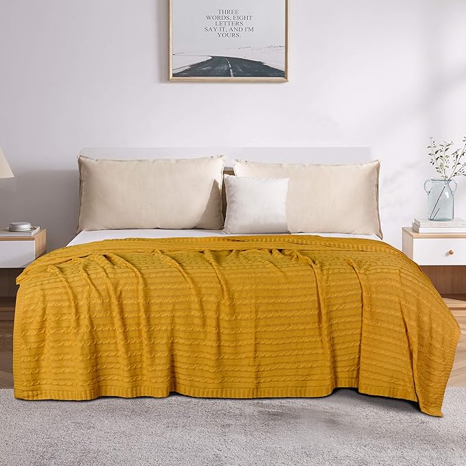 NTBAY 100% Pure Cotton Twin (60x80) Cable Knit Throw Blanket, Super Soft Warm Knitted Blanket for Bed, Sofa, Chair, Couch - Extra Cozy, Machine Washable, Comfortable Home Decor, Ginger Yellow