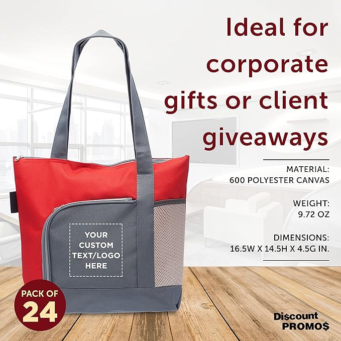 DISCOUNT PROMOS Custom Go Getter Sport Tote Beach Bags Set of 24, Personalized Bulk Pack - Reusable, Great for Shopping, Beach, Picnic, Other Outdoor Adventure - Red