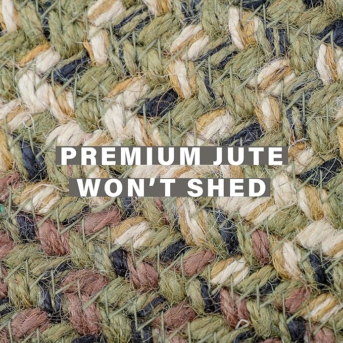 Homespice Pinecone Braided Area Rugs 6x9' – Rustic Jute Braided Green Rug for Bedroom, Living Room and Dining Area