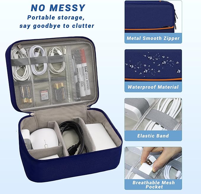 Miavers Electronics Organizer,Travel Cord Organizer Pouch, Portable Cable Organizer Bags, Waterproof Electronic Accessories Storage Case for Cables, Cords, Charger, Phone (Double Layer-NavyBlue)
