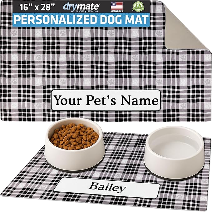 Drymate Personalized Pet Bowl Placemat, Custom Dog & Cat Food Feeding Mat - Absorbent Fabric, Waterproof Backing - Machine Washable/Durable (USA Made) (16" x 28") (Black Paw Plaid)