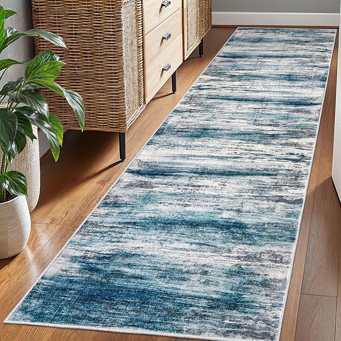 KOZYFLY Modern Abstract Hallway Runner Rug, 2.6x8 Washable Rug Runner Non-Slip Soft Striped Kitchen Runner Rugs, Print Light Blue Carpet Runner for Entryway Bathroom Laundry Room Foyer