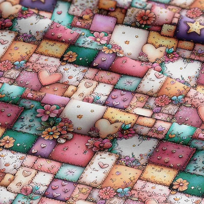 Sweet Hearts Patchwork Cotton Fabric Panel – 100% Turkish Cotton 140 GSM, Pre-Cut 61 x 36.6 Inches, Romantic Floral Sewing Fabric for Quilting, Gifts & DIY Crafts