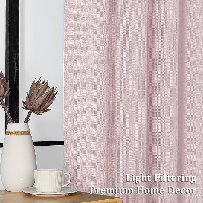Lecloud Bessie Blush Pink Curtains 54 Inch Length 2 Panels Set, Light Filtering Faux Linen Textured Window Curtains, Rod Pocket Curtain Drapes for Bedroom Living Room, Each 30 W x 54 L