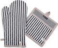 AMOUR INFINI Striped Pot Holders and Oven Mitts Heat Resistant Non Slip Reusable Set of 1 Oven Mitt and 1 Pot Holder Oven Gloves Pot Holder for Cooking (Charcoal)