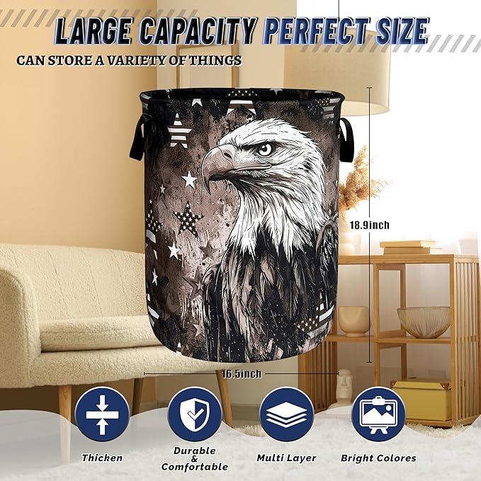Vintage American Flag Eagle Laundry Basket Oxford Cloth Patriotic Funny Laundry Hamper With Handle Portable Clothes Storage Basket Foldable Laundry Bag 18.9"x16.5" For Laundry Room/Bedroom/Bathrooms