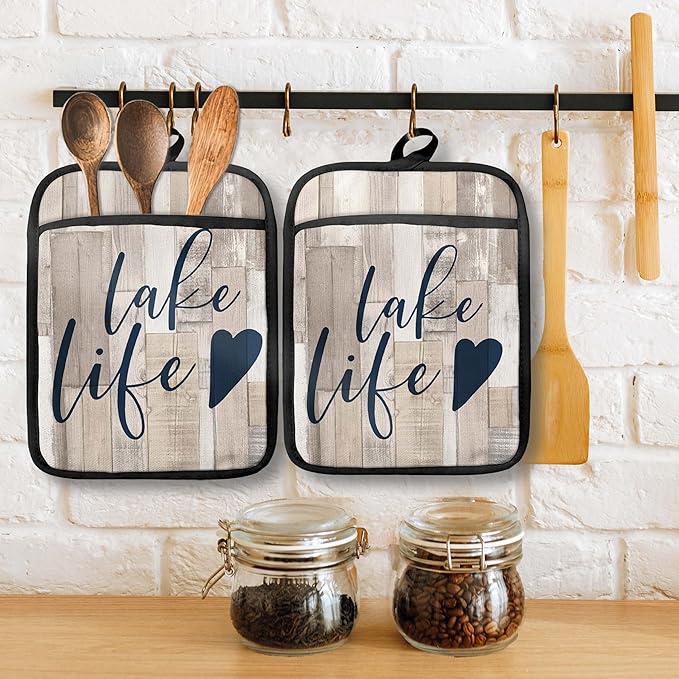 Lake Life Gifts Pot Holders with Pockets, Lake Life House Gifts for Cabin Owners Women Oven Pot Holders Heat Resistant Oven Mitts Hot Pads for Kitchen Baking Cooking (Cream)
