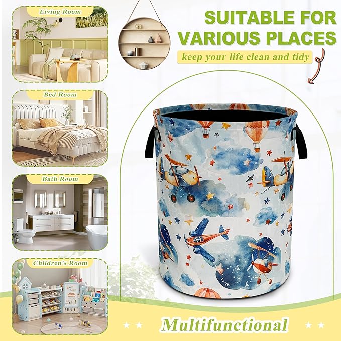 Airplane Laundry Basket Hot Air Balloon Clouds Foldable Waterproof Oxford Cloth Funny Tote Bag Laundry Hamper Clothes Storage Bucket Toy Organizer For Bathroom/Laundry Storage/Bedroom 18.9x16.5 Inch