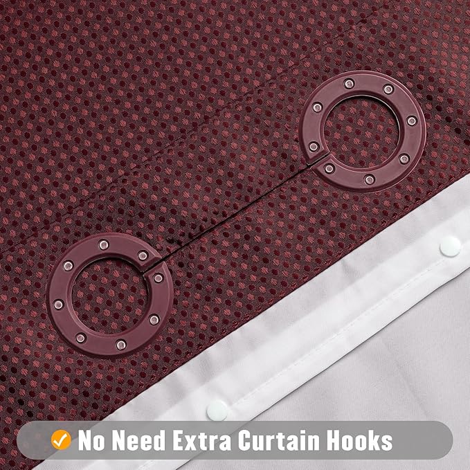MitoVilla No Hooks Needed Burgundy Waffle Shower Curtain Liner Set, Modern Waffle Weave Heavy Duty Fabric Cloth Shower Curtain with Snap-in Liner for Luxury Neutral Hotel Spa Bathroom Decor