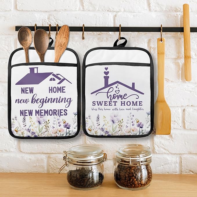 Home Sweet Home Pot Holders with Pockets, Best Housewarming Gifts, House Warming Gifts Oven Pot Holders Heat Resistant Oven Mitts Hot Pads for Kitchen Baking Cooking