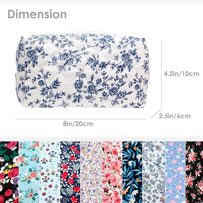 PAZIMIIK 2PCS SET Vintage Quilted Makeup Bag Cosmetic Pouch for Brushes Pencils and Travel Make Up Accessories for Women and Girls Jouy Blue