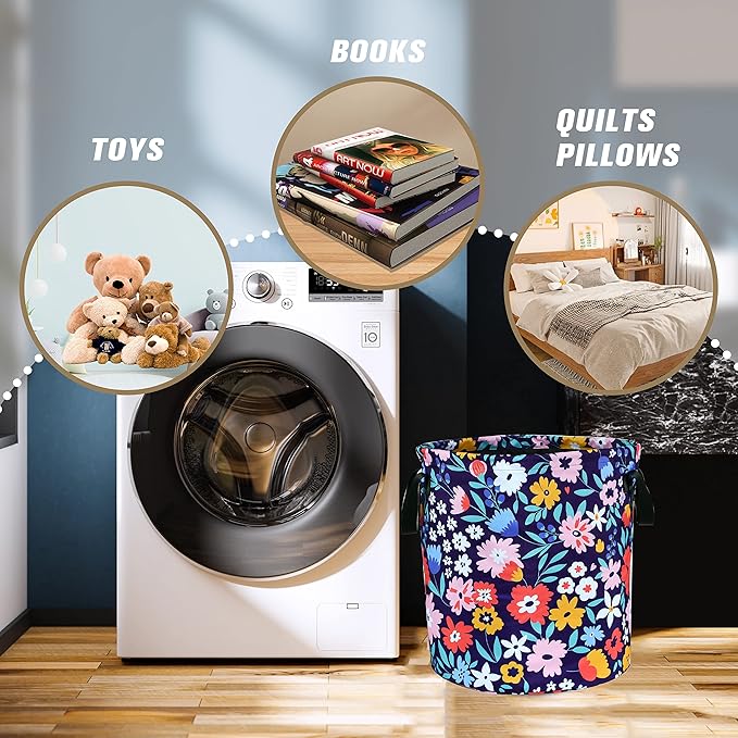 Folk Floral Art Laundry Basket Beautiful Flowers Foldable Oxford Cloth Funny Tote Bag Laundry Hamper Clothes Storage Bucket Organizer For Bathroom/Laundry Storage/Bedroom 17.7x13.7 Inch