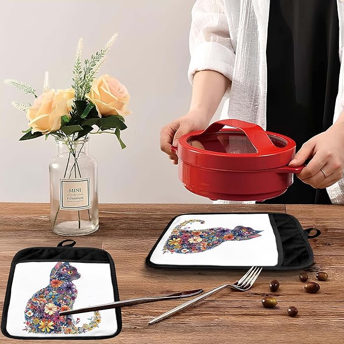 Flower Cat Pot Holders with Pockets, Cat Kitchen Decor, Aesthetic Floral Kitten Kitty Oven Pot Holders Heat Resistant Oven Mitts Hot Pads for Kitchen Baking Cooking