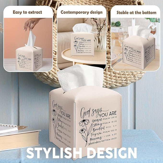 Christian Decorative Tissue Box Cover Square, Facial Paper Organizer, Inspirational Quote Gift Ideas for Friends, God Says You are Unique, Desk Decor for Bathroom Office-(5.2 Inches)
