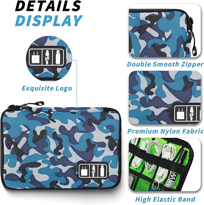 Miavers Electronics Organizer, Portable Cable Organizer Bags, Travel Electronic Accessories Storage Case for Cables, Cords, Charger, Phone (Camo Blue)