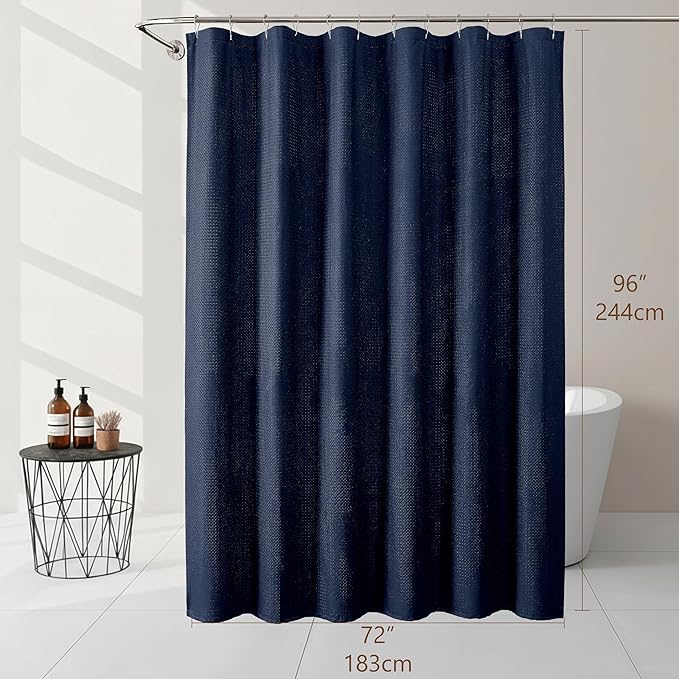Ebesto Extra Long Navy Blue Shower Curtain 96 Inch Long 1 Piece, Waffle Embossed Textured Fabric Shower Curtain for Bathroom Large Hotel, Water Resistant, Machine Washable, 72Wx96L Inches