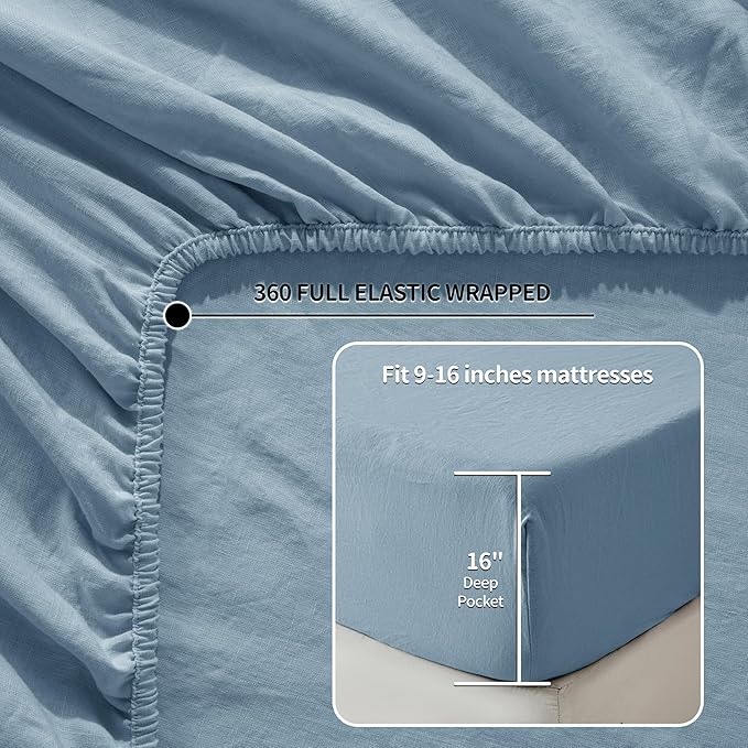 LBRO2M 100% Linen Sheet Set Twin Size,Bed Sheets 3 Piece Sets,Solid Color Natural Flax Bed Sheets Soft Breathable Bedding,16" Deep Pocket,All Season (Twin, Dusty Blue)