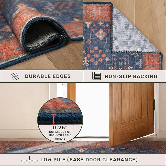 Large 3x5 Kitchen Rug Non Slip Machine Washable, Throw Rugs for Entryway Indoor, Floor Mat, Home Office Under Chair - Stain Resistant Non Skid Rubber Backing, Tribal Farmhouse Décor (3x5 Navy Blue)