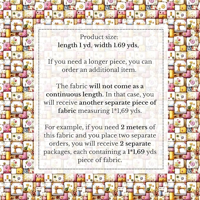 Vintage Sewing Notions Patchwork Cotton Fabric Panel 61 x 36.6 Inches, Buttons & Threads Quilt Print, Soft Pastel Multicolor Tones, 100% Cotton 140 GSM