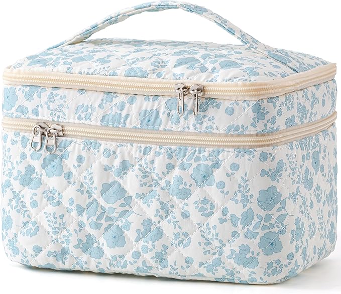 HBselect Christmas Gifts Large Quilted Makeup Bag, Cute Cotton Travel Makeup Bag with Handle, Portable Coquette Floral Make up Bags, Toiletry Organizer Make up Bags for Women Teen Girls Mom