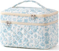HBselect Christmas Gifts Large Quilted Makeup Bag, Cute Cotton Travel Makeup Bag with Handle, Portable Coquette Floral Make up Bags, Toiletry Organizer Make up Bags for Women Teen Girls Mom