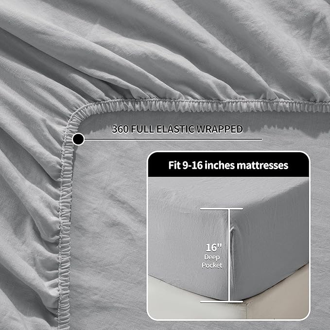 LBRO2M 100% Linen Sheet Set King Size,Bed Sheets 4 Piece Sets, Solid Color Natural Flax Bed Sheets Soft Breathable Bedding,16" Deep Pocket,All Season (King, Grey)