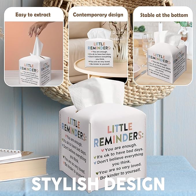 Cute Leather Tissue Box Cover Square, Inspirational Decorative Tissue Box Holder, Housewarming Gift Ideas for Family Friends, Little Reminders Desk Decor for Bathroom Office-(5.2 Inches) A01