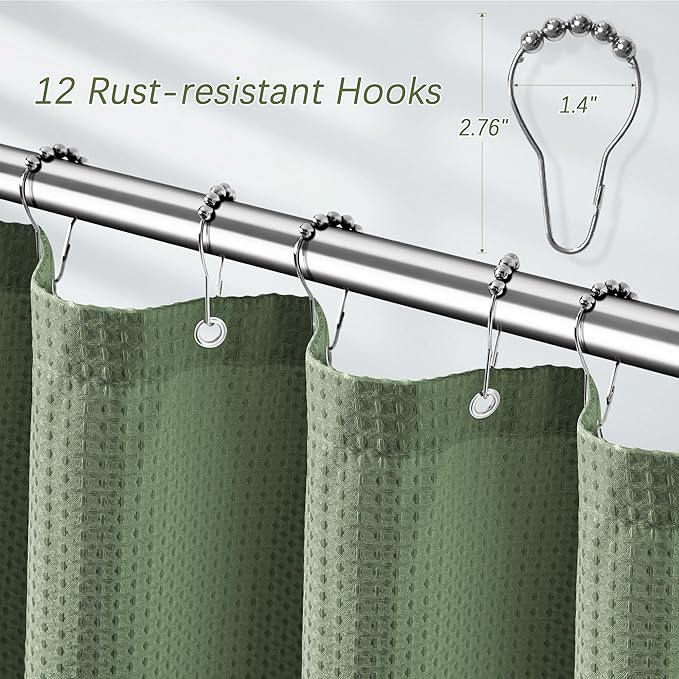 PANGSINNE Sage Green Shower Curtain for Bathroom Waffle Textured Heavy Duty 80 Inch Shower Curtain Set for Bathroom, Water Repellent 256GSM Neutral Fabric Shower Curtains with 12 Metal Hooks, 72Wx80H