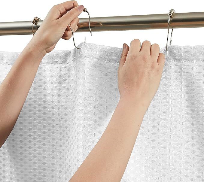 Indecor Home Luxury Dobby Weave Shower Curtain Elegant Hotel Style Fabric for Bathroom, Water Repellent, Machine Washable White Dobby