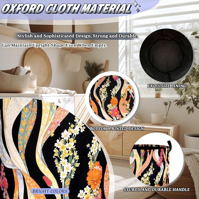 Abstract Flowers Laundry Hamper Oxford Cloth Folk Floral Art Laundry Basket With Handle Portable Clothes Storage Basket Foldable Colorful Laundry Bag 18.9"x16.5" For Laundry Room/Bedroom/Bathrooms