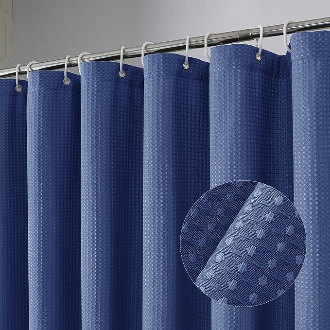 OVZME Long Fabric Shower Curtain Set, Waffle Textured Shower Curtain for Bathroom - Weight 230GSM Heavy Duty Hotel Spa Luxury Bath Curtain Set with 12 Plastic Hooks, 72x78, Blue