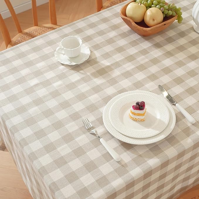 Alsoo Checkered Tablecloth Rectangle Washable Buffalo Plaid Table Cloth Cotton Linen Gingham Table Cover for Picnic Kitchen Dining Room, Beige and White, 60 * 75