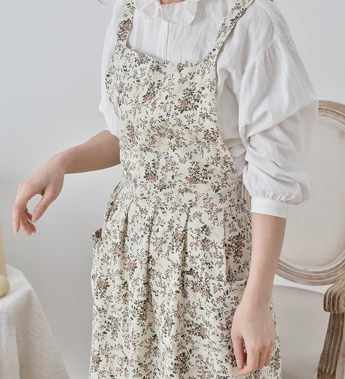 Japanese apron Women-Cross Back Apron for Women with Pockets, Pinafore Aprons, Womens Cotton Linen Apron