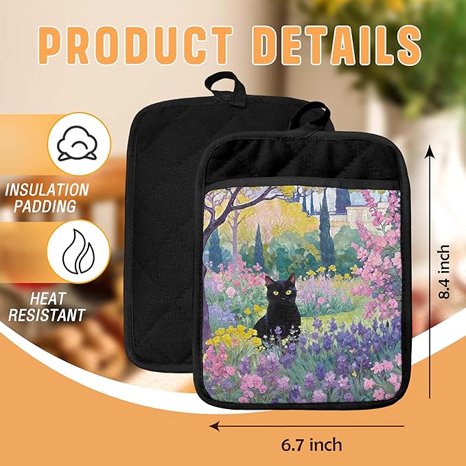 Black Cat Floral Garden Pot Holders with Pockets, Cottagecore Kitchen Decor, Fantasy Wildflower Botanical Oven Pot Holders Heat Resistant Oven Mitts Hot Pads for Kitchen Baking Cooking