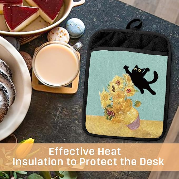 Funny Black Cat Flower Pot Holders with Pockets, Cat Kitchen Decor, Abstract Painting Black Kitten Oven Pot Holders Heat Resistant Oven Mitts Hot Pads for Kitchen Baking Cooking