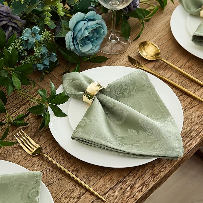 Newbridge Barcelona Damask Fabric Napkins, Set of 4, Sage Green – No Iron, Soil Resistant Cloth Napkins for Dining, Parties and Holidays