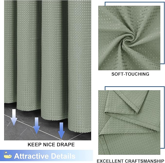 OVZME Stall Fabric Shower Curtain Set - 36x72, Waffle Weave 230GSM Heavy Duty Shower Curtains for Narrow Stall Size, Machine Washable Bath Curtain with 12 Plastic Hooks, Sage Green
