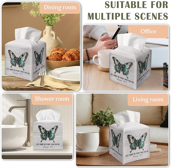 Butterfly Decorative Tissue Box Cover Square, Wood Pattern Leather Tissue Box Cover Holder, Bible Verse Inspirational Gift Ideas for Friends, Bathroom Office Desk Decor-(5.2 Inches)