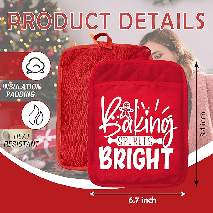Red Christmas Baker Pot Holders with Pockets, Baking Spirits Bright Holiday Christmas Gingerbread Oven Pot Holders Heat Resistant Oven Mitts Hot Pads for Kitchen Baking Cooking