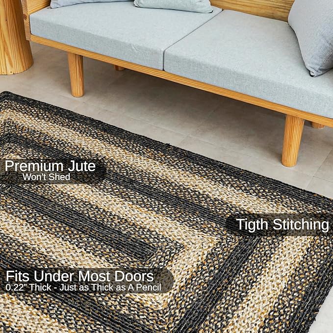 Traditional Jute Braided Runner Rug, Rustic Primitive Country Décor for Kitchen, Entryway, Hallway, Midnight Naturals, 2'6"X16'