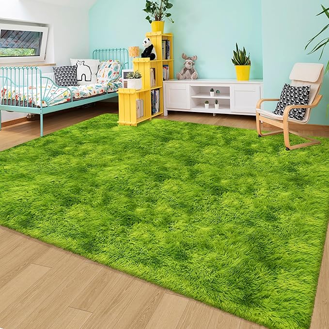 Tie Dyed Grass Green Shag Rug 6x9 Green Fluffy Area Rug Soft Plush Fuzzy Carpet for Living Room Bedroom Dorm Nursery Furry Indoor Floor Rug for Kids Girls Boys Home Decor Aesthetic