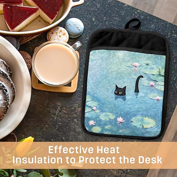 Black Cat in Water Lily Pond Pot Holders with Pockets, Cat Kitchen Decor, Mystical Black Kitten Kitty Oven Pot Holders Heat Resistant Oven Mitts Hot Pads for Kitchen Baking Cooking