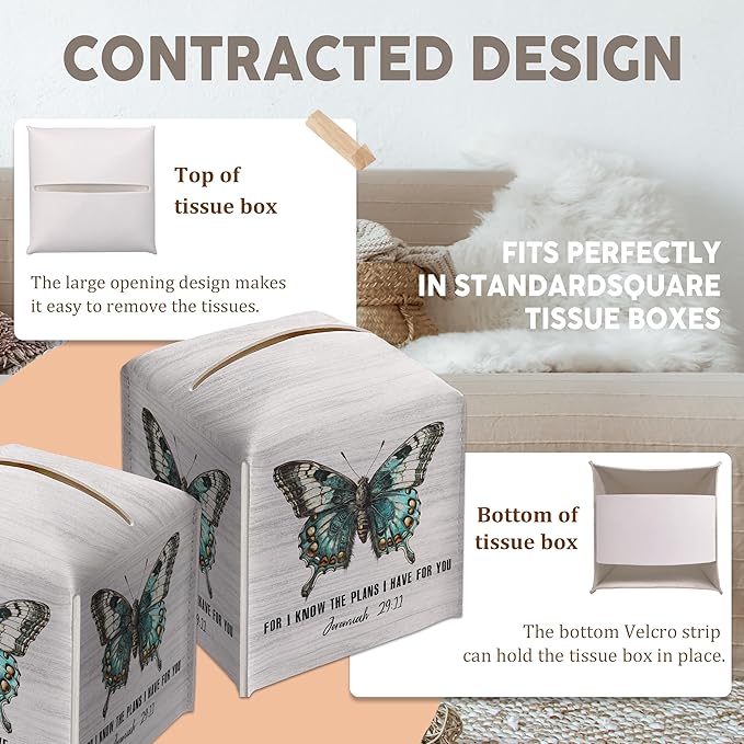 Butterfly Decorative Tissue Box Cover Square, Wood Pattern Leather Tissue Box Cover Holder, Bible Verse Inspirational Gift Ideas for Friends, Bathroom Office Desk Decor-(5.2 Inches)