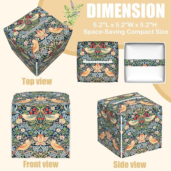 BLYKVGHQ Strawberry Thief Tissue Box Cover Square, William Morris Tissue Box Holder with Bottom Belt Leather Facial Paper Organizer Dispenser for Bathroom Bedroom Dresser Night Stand Tabletop